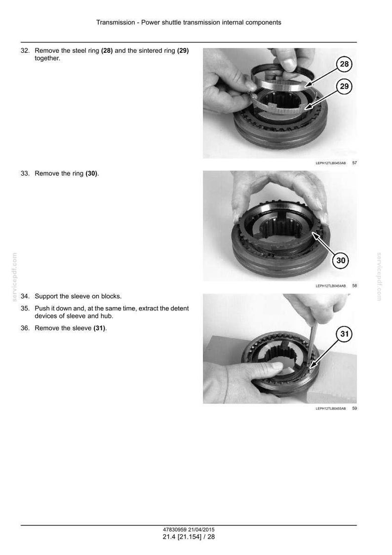 May include: Diagram of power shuttle transmission internal components. The image shows the removal of steel rings, sintered rings, and sleeves. The text includes instructions for disassembly.