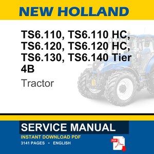May include: A blue and white New Holland tractor is featured in this image. Text at the top reads "NEW HOLLAND" and lists tractor models. Below, the words "SERVICE MANUAL" are displayed, along with details about the PDF download.