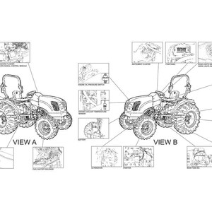 May include: A technical line drawing diagram of a compact tractor labeled View A and View B, featuring detailed callouts for electrical components like the fuel sending unit, hazard flasher, key switch, engine oil pressure switch, and battery.
