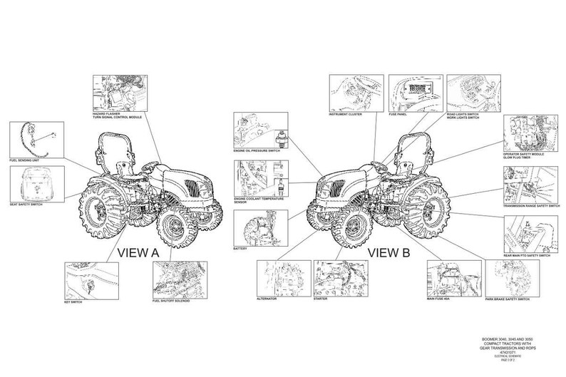 May include: A technical line drawing diagram of a compact tractor labeled View A and View B, featuring detailed callouts for electrical components like the fuel sending unit, hazard flasher, key switch, engine oil pressure switch, and battery.