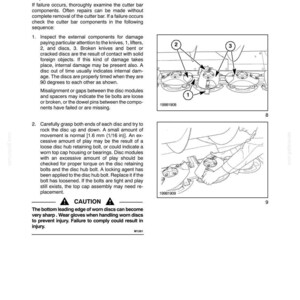 May include: A technical manual page detailing cutter bar analysis, including inspection and failure procedures. Diagrams illustrate components like knives, lifters, and discs. A caution warns about sharp edges on worn discs. Text includes measurements in inches.