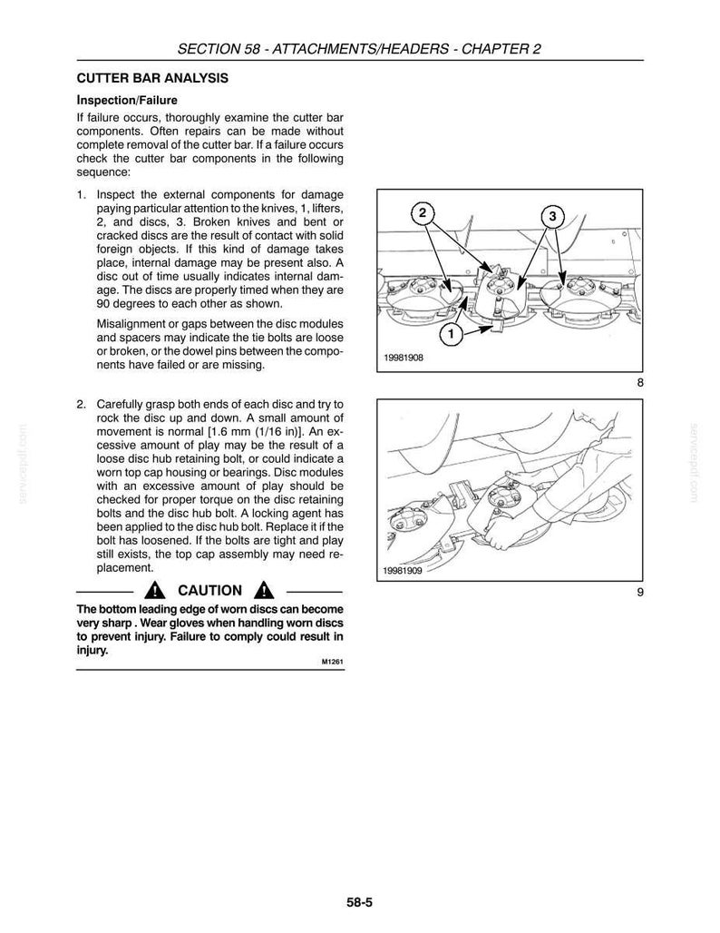 May include: A technical manual page detailing cutter bar analysis, including inspection and failure procedures. Diagrams illustrate components like knives, lifters, and discs. A caution warns about sharp edges on worn discs. Text includes measurements in inches.