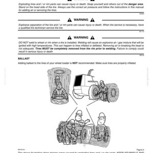 May include: An illustrated diagram from a maintenance manual, showing potential danger areas around tires. The image includes warnings about exploding tires and rim parts, with text advising safety precautions. The diagram also depicts workers servicing tires.