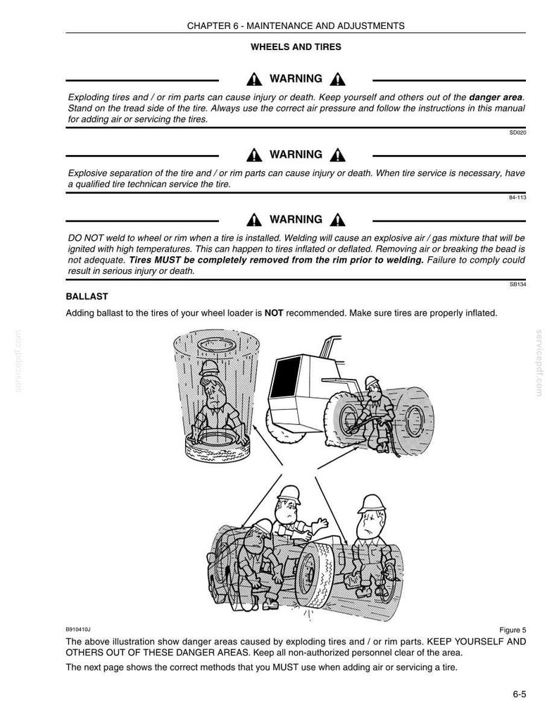 May include: An illustrated diagram from a maintenance manual, showing potential danger areas around tires. The image includes warnings about exploding tires and rim parts, with text advising safety precautions. The diagram also depicts workers servicing tires.