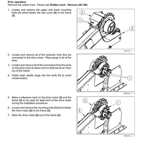 May include: Diagram illustrating the removal of a drive motor from a frame, with numbered steps and component labels. Includes close-up views of bolts, connectors, and hydraulic lines. Text includes instructions and part numbers.