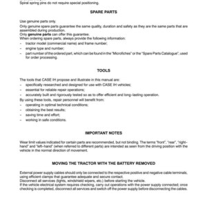May include: A page from a manual with the title "SECTION 00 - GENERAL GUIDELINES - CHAPTER 1". The text covers topics like spring pins, spare parts, tools, and important notes. The document includes instructions for tractor maintenance and safety.