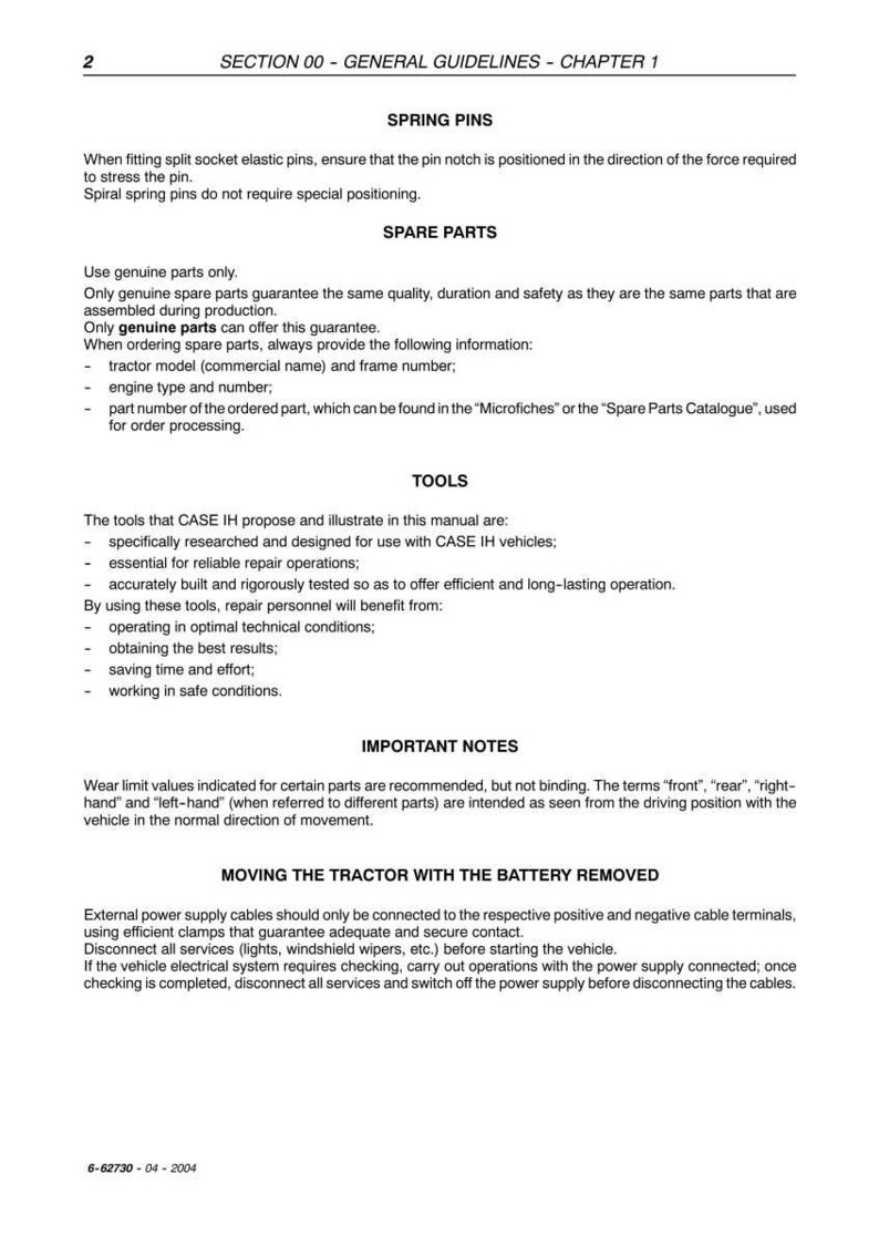 May include: A page from a manual with the title "SECTION 00 - GENERAL GUIDELINES - CHAPTER 1". The text covers topics like spring pins, spare parts, tools, and important notes. The document includes instructions for tractor maintenance and safety.