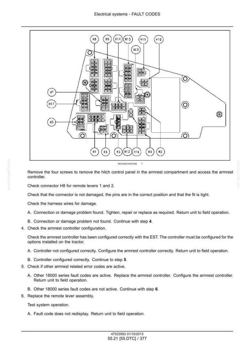 May include: Diagram of an electrical system with fault codes, featuring a schematic of connectors and components labeled H8, H9, H14, H15, H11, H10, H7, H5, H1, H6, H3, H12, H16, H4, and H2. Text provides troubleshooting steps.