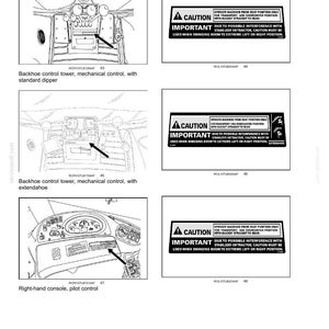 May include: Diagram of backhoe controls with safety information. Includes illustrations of the backhoe control tower, mechanical control, and right-hand console. Warning labels are also present, emphasizing safe operation procedures.