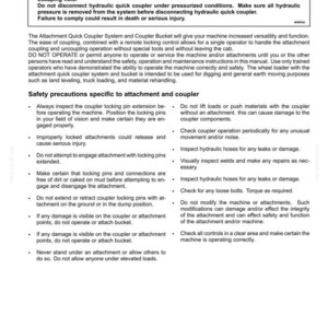 May include: A page from a manual with safety warnings and instructions for a quick coupler system. The text includes warnings about escaping fluid and safety precautions for attachment and coupler operation. The page is white with black text.