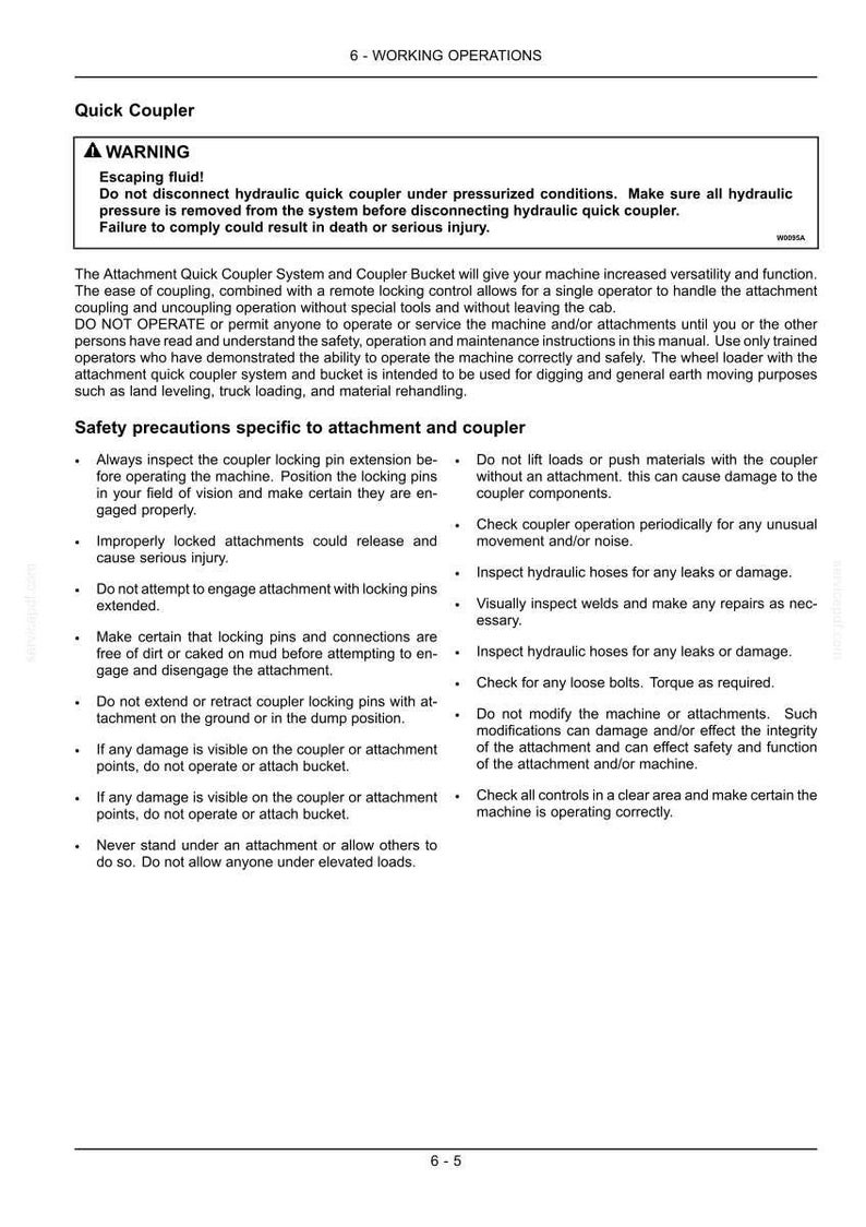 May include: A page from a manual with safety warnings and instructions for a quick coupler system. The text includes warnings about escaping fluid and safety precautions for attachment and coupler operation. The page is white with black text.
