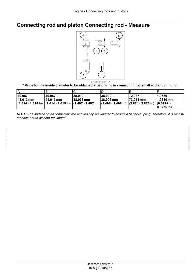 May include: Diagram of connecting rod and piston measurements, including dimensions in millimeters and inches. The image includes a table with measurements for A, B, C, D, E, and F, with notes on the surface of the connecting rod.