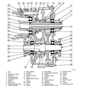 May include: A detailed cross-sectional diagram of a gear box, labeled with numbers and names of the parts. The diagram is in black and white, showing the internal components of the mechanical device. The text "GEAR BOX" is at the top.