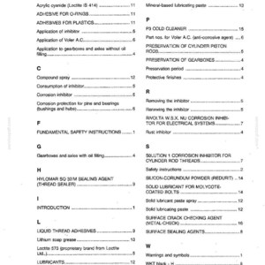 May include: A detailed table of contents from a technical manual, featuring various chemical compounds, adhesives, and lubricants. The text is black on a white background, with section headings and page numbers.