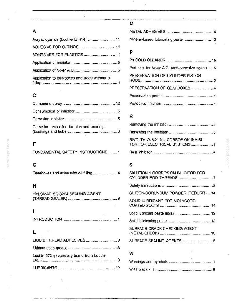 May include: A detailed table of contents from a technical manual, featuring various chemical compounds, adhesives, and lubricants. The text is black on a white background, with section headings and page numbers.
