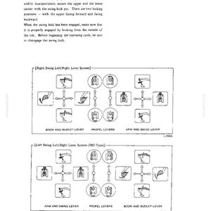 May include: A technical manual page titled OPERATING TECHNIQUES featuring two diagrams labeled Right Swing Left/Right Lever System and Left Swing Left/Right Lever System. The diagrams illustrate control lever movements for boom, bucket, arm, and propel functions.