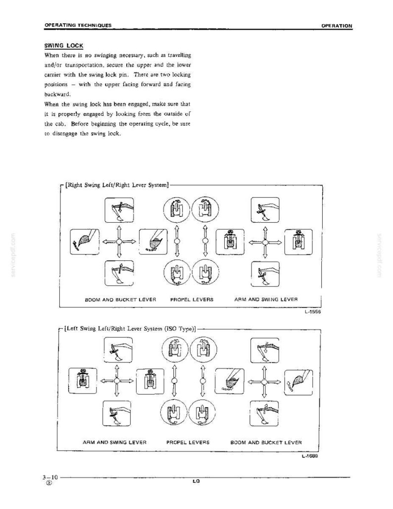 May include: A technical manual page titled OPERATING TECHNIQUES featuring two diagrams labeled Right Swing Left/Right Lever System and Left Swing Left/Right Lever System. The diagrams illustrate control lever movements for boom, bucket, arm, and propel functions.