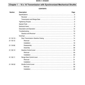 May include: A page from a manual titled "SECTION 21 - TRANSMISSIONS." The text includes "Chapter 1 - 16 x 16 Transmission with Synchronized Mechanical Shuttle" and a table of contents with sections like "Specifications" and "Gearbox Control Lever."