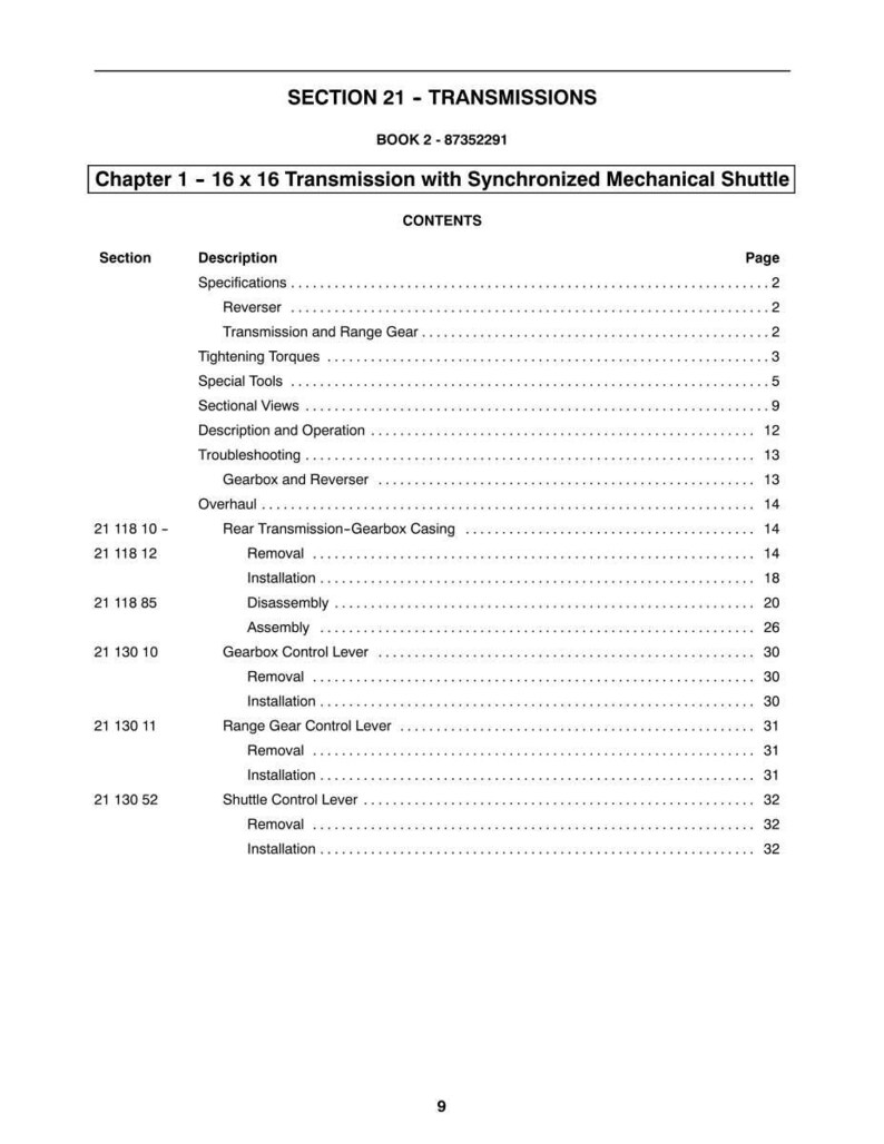May include: A page from a manual titled "SECTION 21 - TRANSMISSIONS." The text includes "Chapter 1 - 16 x 16 Transmission with Synchronized Mechanical Shuttle" and a table of contents with sections like "Specifications" and "Gearbox Control Lever."