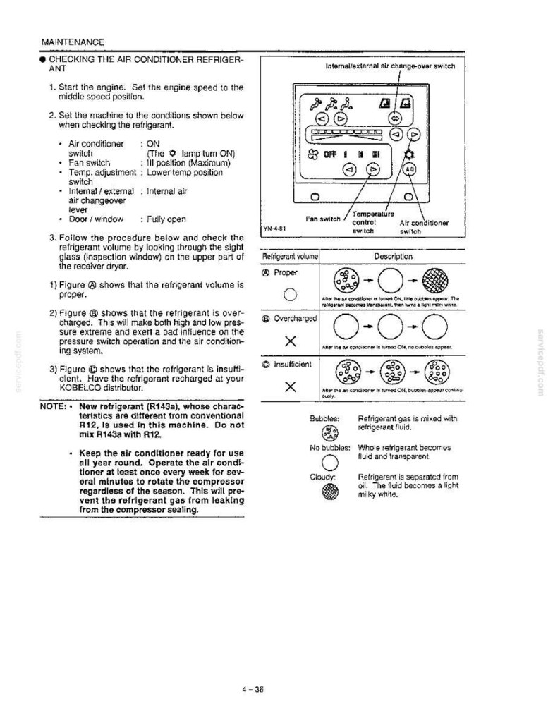 May include: A technical manual page titled MAINTENANCE, detailing air conditioner refrigerant checks. It includes a diagram of a control panel with fan, temperature, and AC switches, plus a table illustrating proper, overcharged, and insufficient refrigerant levels.
