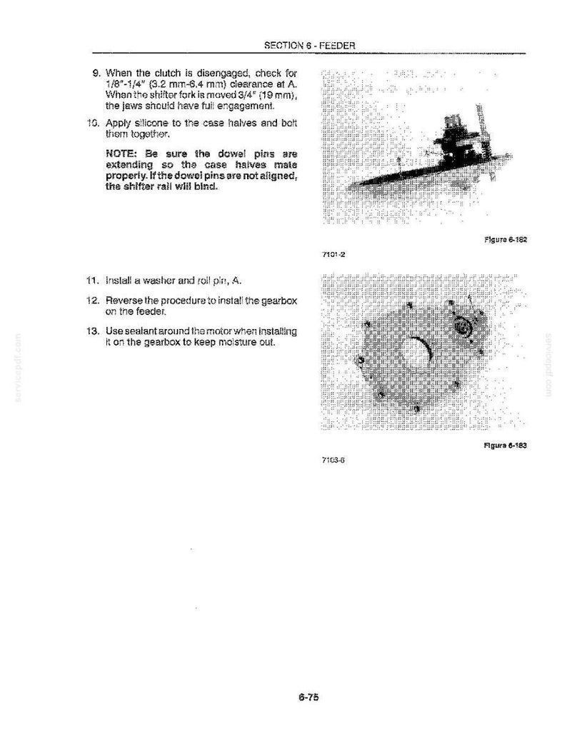 Pu&ograve; includere: Una pagina di manuale intitolata "SEZIONE 6 - ALIMENTATORE" con testo e diagrammi. Il testo include istruzioni sullo scollegamento della frizione, l'applicazione di silicone e l'installazione di parti. I diagrammi mostrano componenti meccanici.