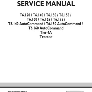 Puede incluir: Manual de servicio blanco con el t&iacute;tulo "SERVICE MANUAL" en letras negras en negrita. El manual enumera los modelos de tractores T6.120 a T6.175, incluidas las versiones AutoCommand. El logotipo de New Holland Agriculture est&aacute; en la parte inferior derecha.