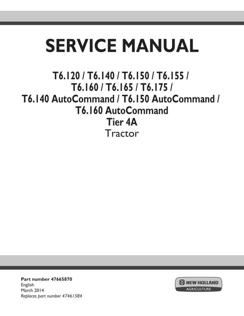 Puede incluir: Manual de servicio blanco con el t&iacute;tulo "SERVICE MANUAL" en letras negras en negrita. El manual enumera los modelos de tractores T6.120 a T6.175, incluidas las versiones AutoCommand. El logotipo de New Holland Agriculture est&aacute; en la parte inferior derecha.