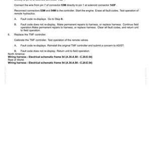 Op de afbeelding: Een document getiteld "DISTRIBUTION SYSTEMS - FAULT CODES" met instructies voor bedrading en probleemoplossing van foutcodes. Bevat stappen voor het aansluiten van draden, het opnieuw aansluiten van connectoren en het testen van hydrauliek op afstand. Maten in meters.