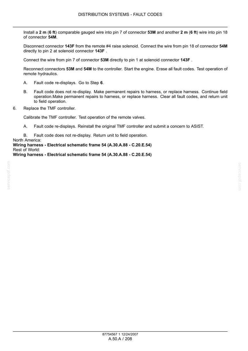 Op de afbeelding: Een document getiteld "DISTRIBUTION SYSTEMS - FAULT CODES" met instructies voor bedrading en probleemoplossing van foutcodes. Bevat stappen voor het aansluiten van draden, het opnieuw aansluiten van connectoren en het testen van hydrauliek op afstand. Maten in meters.