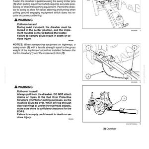 May include: A technical document page titled 4 - OPERATING INSTRUCTIONS featuring text and three black and white line drawings illustrating an extendable drawbar on a tractor, including swing limiter pins, a safety chain, and a hitch.