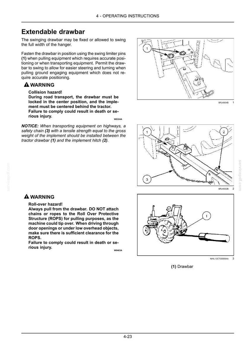 May include: A technical document page titled 4 - OPERATING INSTRUCTIONS featuring text and three black and white line drawings illustrating an extendable drawbar on a tractor, including swing limiter pins, a safety chain, and a hitch.