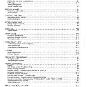 Puede incluir: Una p&aacute;gina de &iacute;ndice en blanco y negro de un manual t&eacute;cnico para tractor. El texto enumera secciones que incluyen prevenci&oacute;n de incendios o explosiones, especificaciones, puesta en marcha de la unidad, parada de la unidad, almacenamiento y enganche.