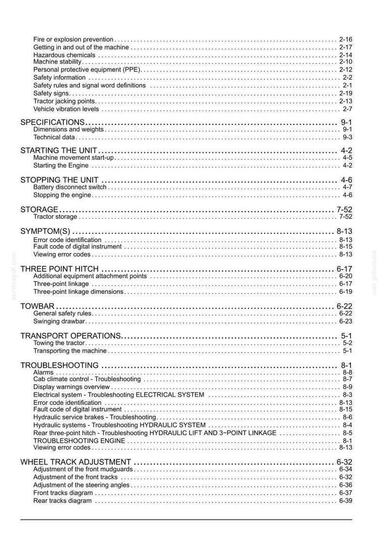 Puede incluir: Una p&aacute;gina de &iacute;ndice en blanco y negro de un manual t&eacute;cnico para tractor. El texto enumera secciones que incluyen prevenci&oacute;n de incendios o explosiones, especificaciones, puesta en marcha de la unidad, parada de la unidad, almacenamiento y enganche.