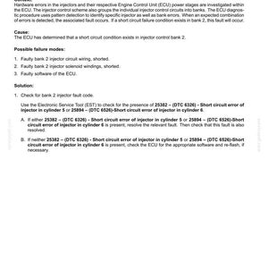 May include: A document titled "Electrical systems - FAULT CODES" details fault code 29206, related to injection bank 2 short circuit failure. It includes context, possible failure modes, and solutions for diagnosing and resolving the issue. The document also includes the date 12/19/2017.