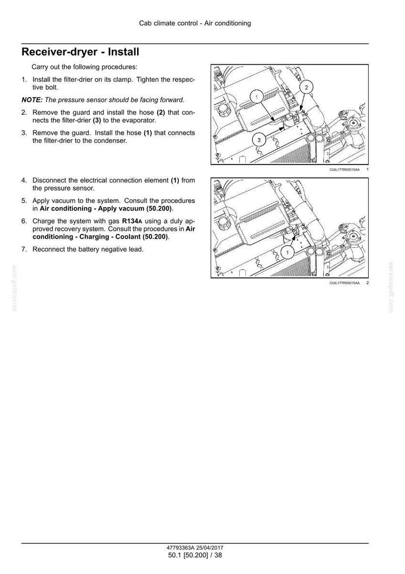 May include: Diagram of an air conditioning system installation process. Text includes instructions for installing a filter-drier, hoses, and electrical connections. Includes diagrams with numbered components.
