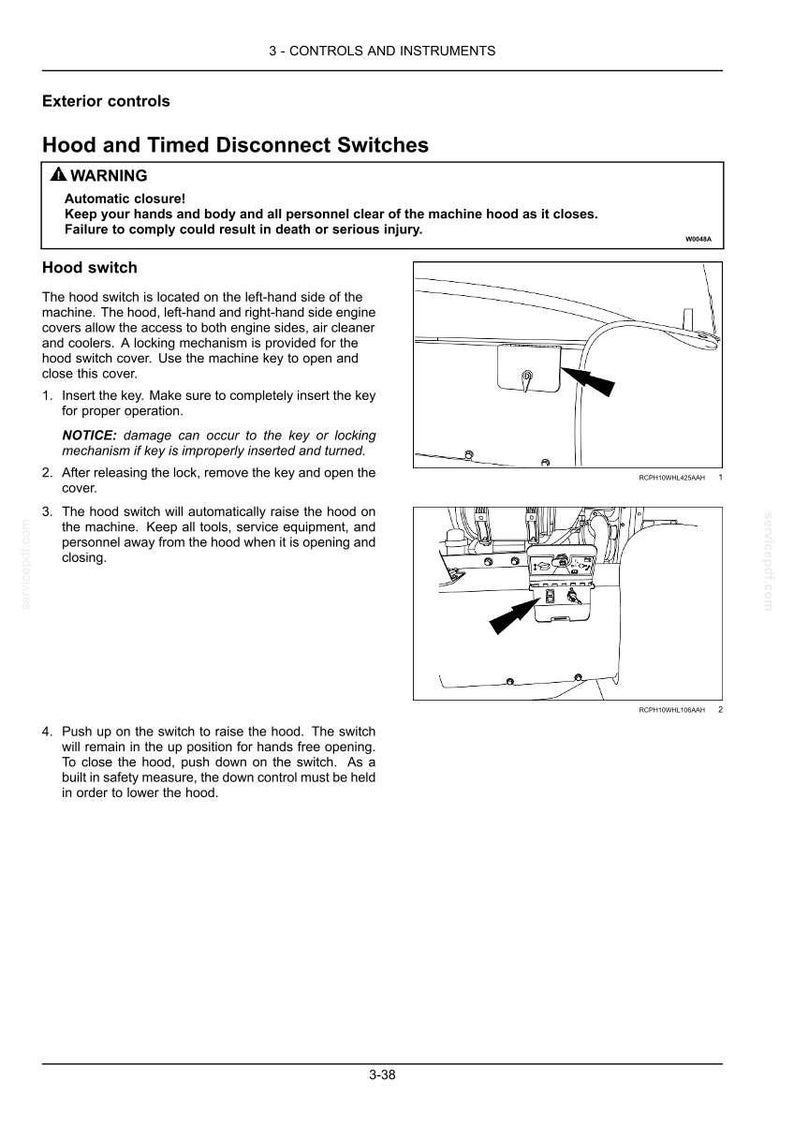 May include: A technical manual page titled 3 - CONTROLS AND INSTRUMENTS featuring black and white line drawings of a machine hood switch. The text provides instructions for operating the hood and timed disconnect switches with safety warnings.