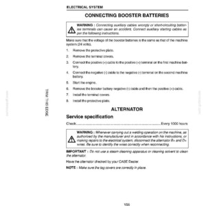 May include: A page from an electrical system manual with instructions for connecting booster batteries and alternator service specifications. The text includes warnings and important notes for safe operation and maintenance.