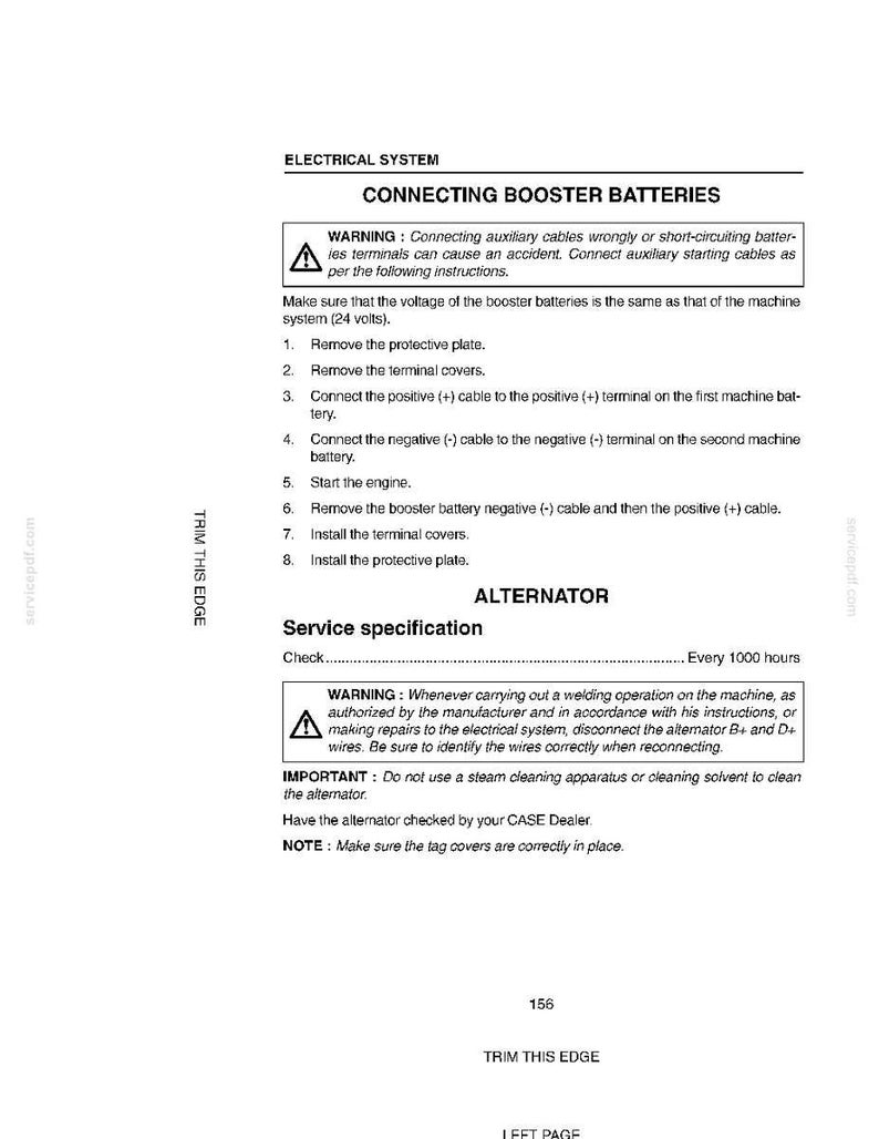 May include: A page from an electrical system manual with instructions for connecting booster batteries and alternator service specifications. The text includes warnings and important notes for safe operation and maintenance.