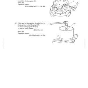 May include: Technical diagram of a travel motor unit, with detailed illustrations of components and assembly instructions. Includes torque specifications in foot-pounds and gear oil filling volume in cubic inches. Section 3, Chapter 39.