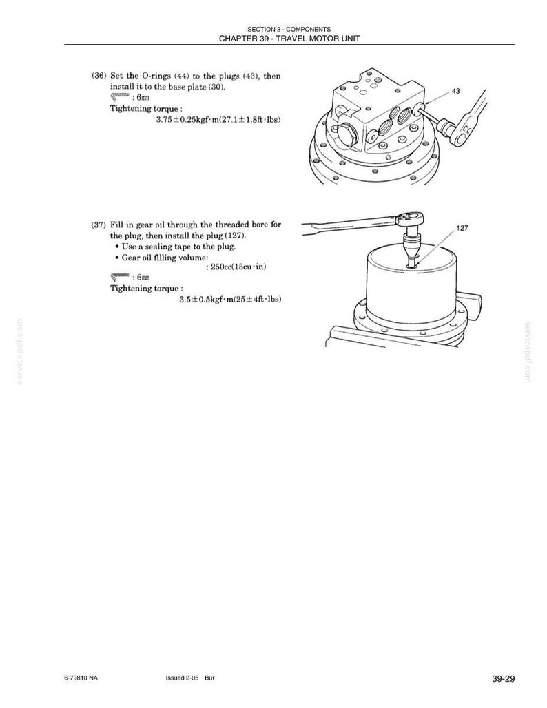 May include: Technical diagram of a travel motor unit, with detailed illustrations of components and assembly instructions. Includes torque specifications in foot-pounds and gear oil filling volume in cubic inches. Section 3, Chapter 39.