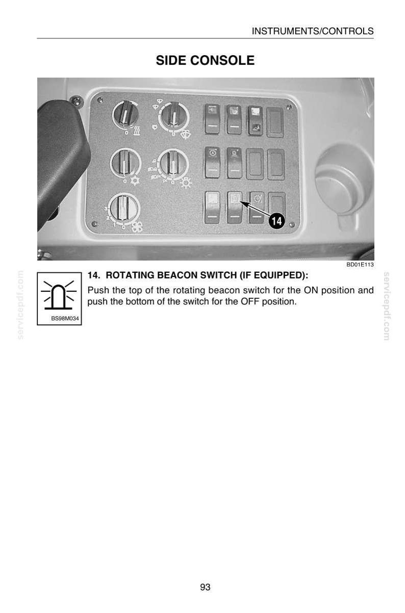 May include: A grayscale image of a side console with various switches and controls. The text "SIDE CONSOLE" is at the top. The image includes a diagram of a rotating beacon switch with instructions.
