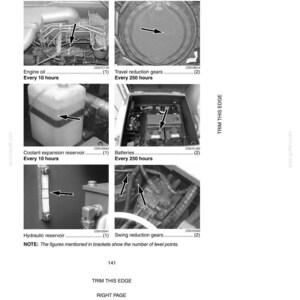 May include: A grayscale diagram detailing fluid levels for various components, including engine oil, travel reduction gears, coolant expansion reservoir, batteries, hydraulic reservoir, and swing reduction gears. The text indicates maintenance intervals of every 10 and 250 hours.