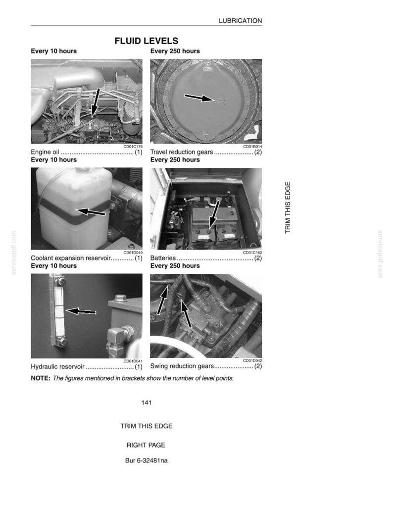 May include: A grayscale diagram detailing fluid levels for various components, including engine oil, travel reduction gears, coolant expansion reservoir, batteries, hydraulic reservoir, and swing reduction gears. The text indicates maintenance intervals of every 10 and 250 hours.