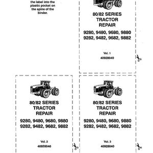 May include: White printed labels for 80/82 Series Tractor Repair manuals. Each label features a tractor illustration, the repair series title, and model numbers. Includes instructions to cut and insert the label into a binder pocket.