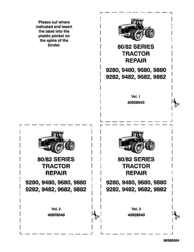 May include: White printed labels for 80/82 Series Tractor Repair manuals. Each label features a tractor illustration, the repair series title, and model numbers. Includes instructions to cut and insert the label into a binder pocket.