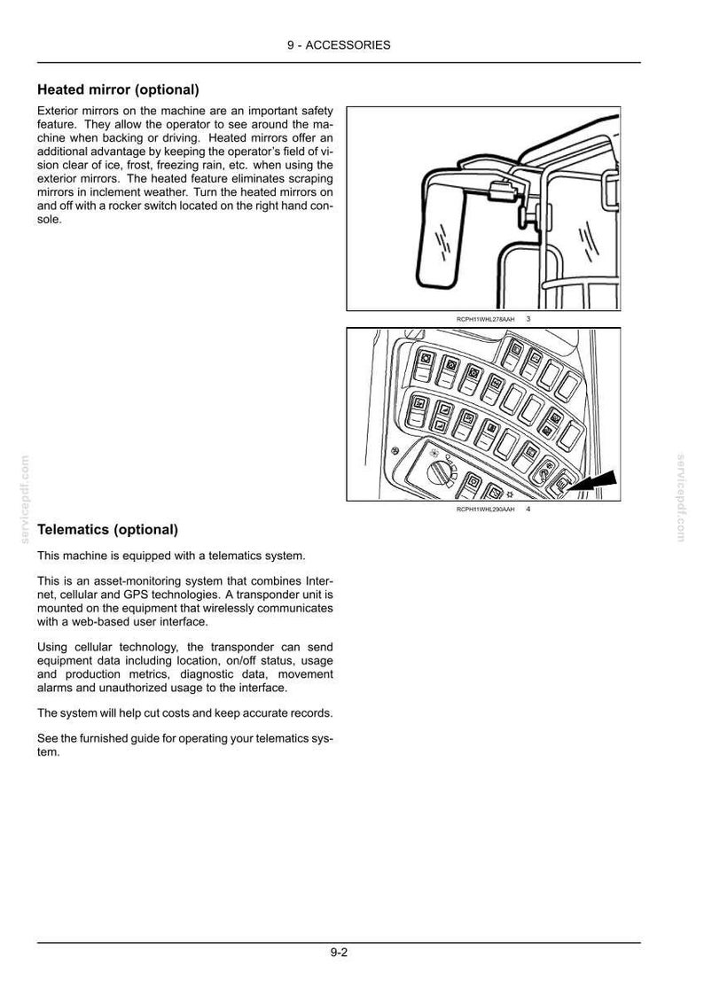 Puede incluir: Una p&aacute;gina de manual t&eacute;cnico titulada 9-ACCESSORIES con texto y dibujos lineales. La ilustraci&oacute;n superior muestra un espejo lateral de veh&iacute;culo, mientras que la inferior representa un panel de control con varios botones cuadrados y una flecha negra.