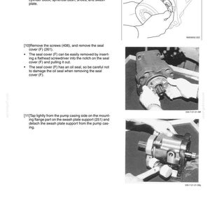 May include: Diagrams and photographs illustrate the disassembly of a mechanical component, likely a pump or engine part. The images show steps involving screws, seals, and internal components, with text instructions.