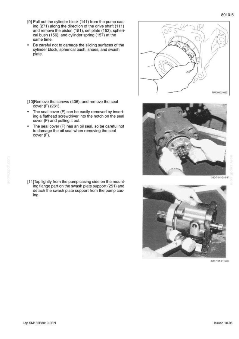 May include: Diagrams and photographs illustrate the disassembly of a mechanical component, likely a pump or engine part. The images show steps involving screws, seals, and internal components, with text instructions.
