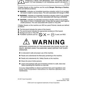 May include: A white document with safety information, including the text "WARNING" in large, bold letters. It details safety alerts, hazard levels, and operator instructions for machinery. Includes the Case Corporation logo.