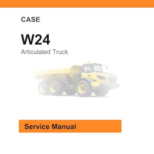 May include: A service manual for a CASE W24 Articulated Truck. The image features a yellow articulated truck with large tires. The text "CASE", "W24", "Articulated Truck", and "Service Manual" are displayed on a white background with an orange header and footer.